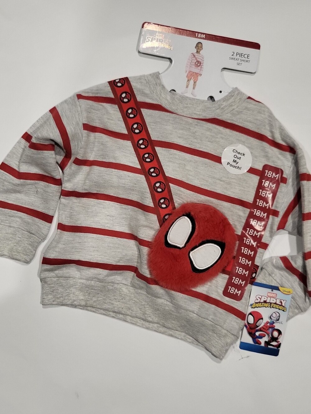 Spider-Man Striped Sweater with Plush Pouch - Red & Gray
